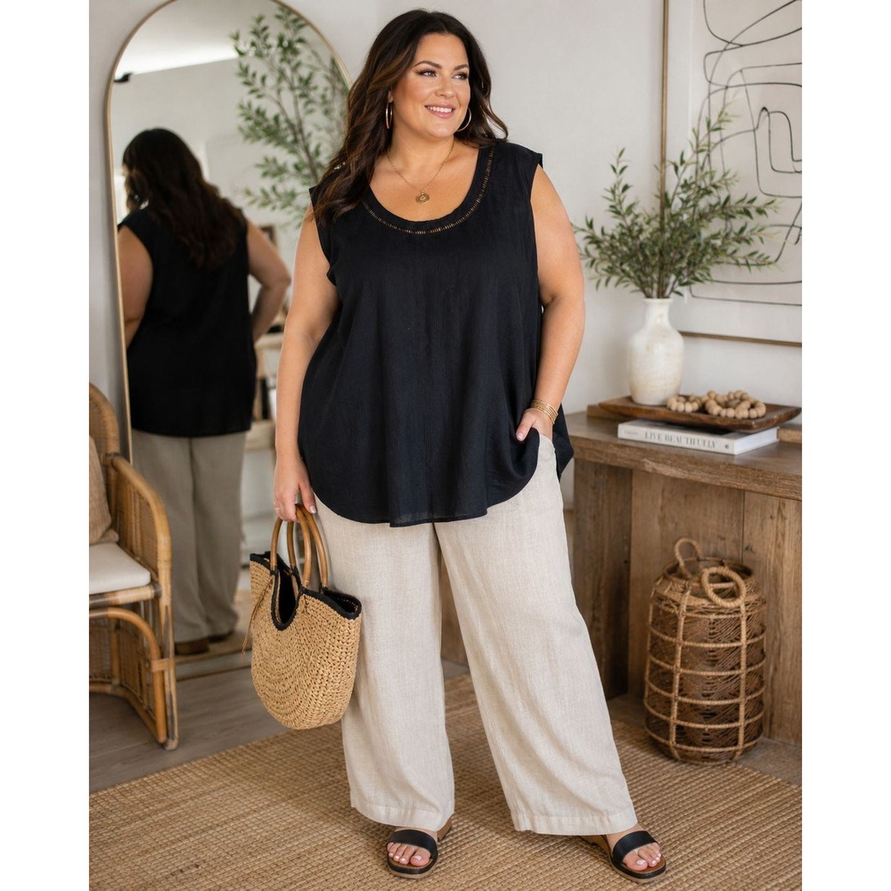 Anna Maxwell 5X Black Linen Blend Sleeveless Top Quiet Luxury Minimalist